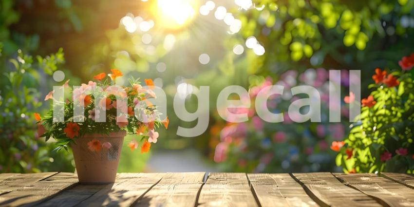 Flower pot on a wooden table in the garden, Selective focus - Ai Generated