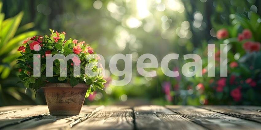 Flower pot on a wooden table in the garden, Selective focus - Ai Generated