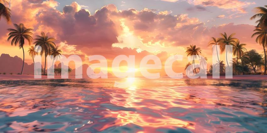 Beautiful sunset over the sea with palm trees - Ai generated