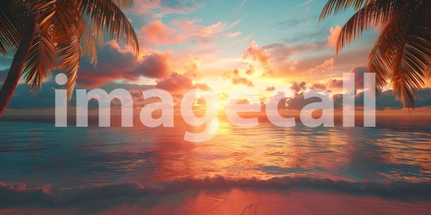 Beautiful sunset over the sea with palm trees - Ai generated