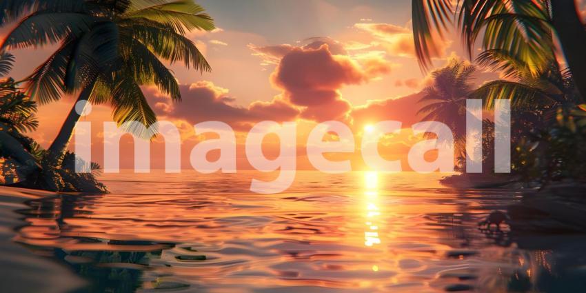 Beautiful sunset over the sea with palm trees - Ai generated