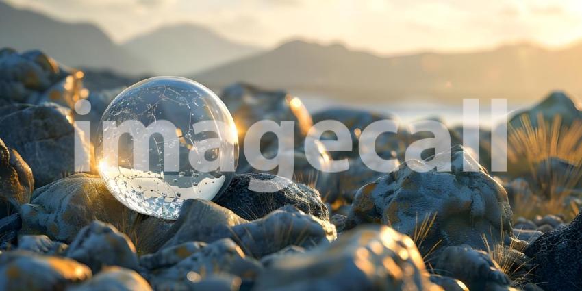 Crystal ball on stones with bokeh background - Ai Generated