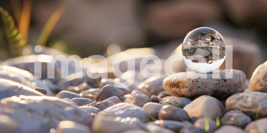 Crystal ball on stones with bokeh background - Ai Generated