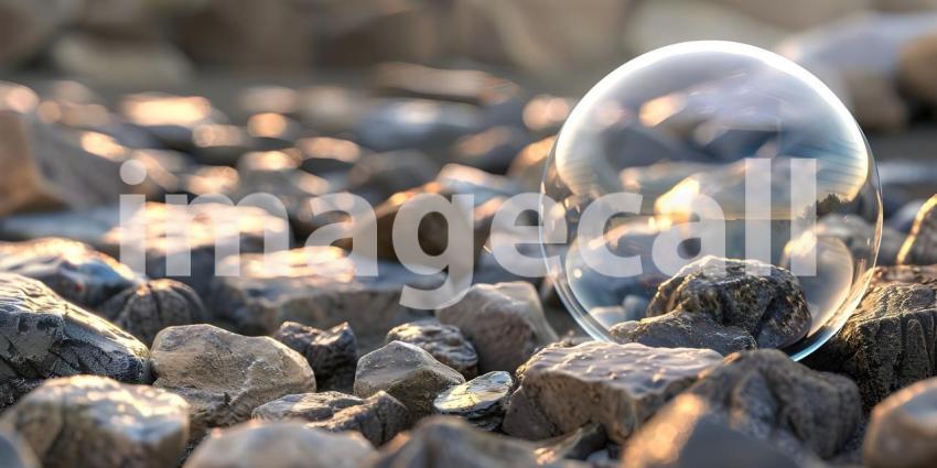 Crystal ball on stones with bokeh background - Ai Generated