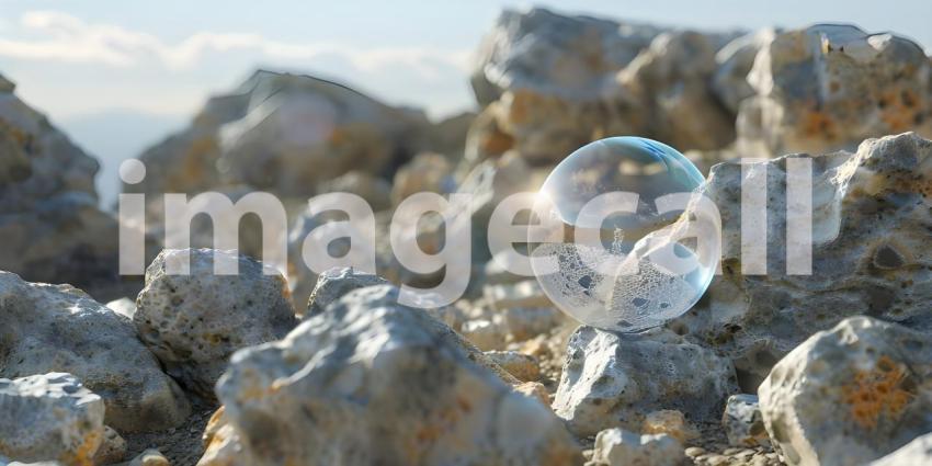 Crystal ball on stones with bokeh background - Ai Generated