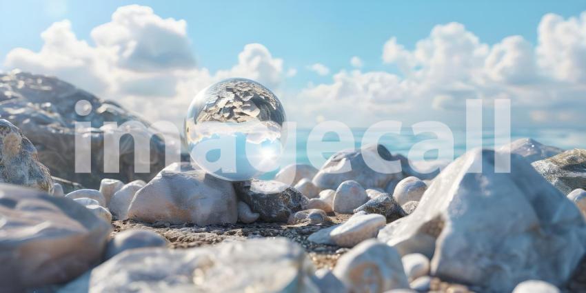 Crystal ball on stones with bokeh background - Ai Generated