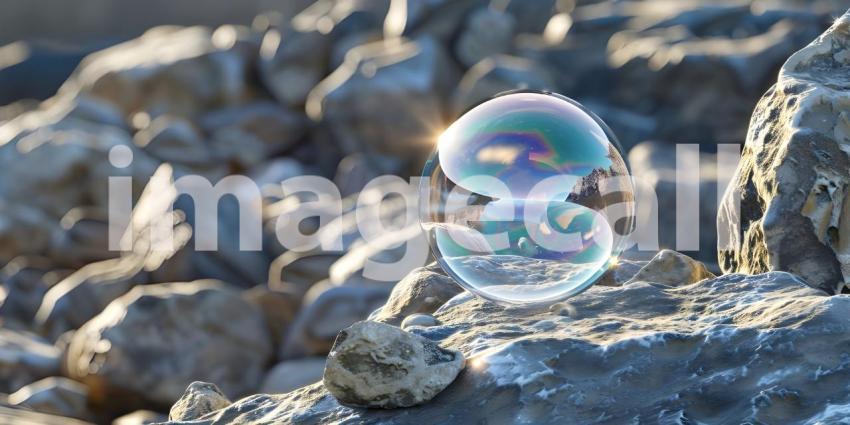 Crystal ball on stones with bokeh background - Ai Generated