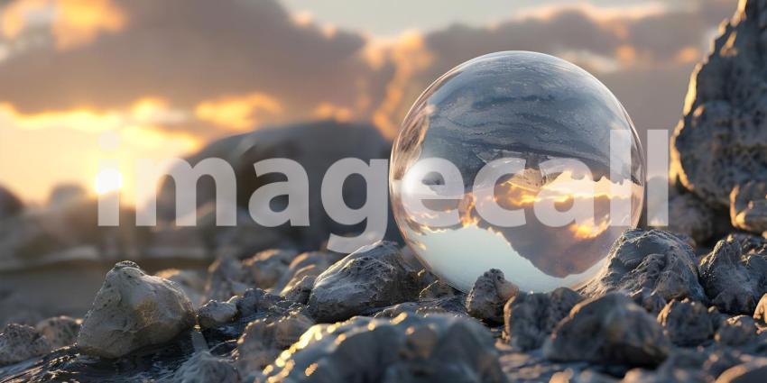 Crystal ball on stones with bokeh background - Ai Generated