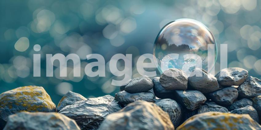 Crystal ball on stones with bokeh background - Ai Generated