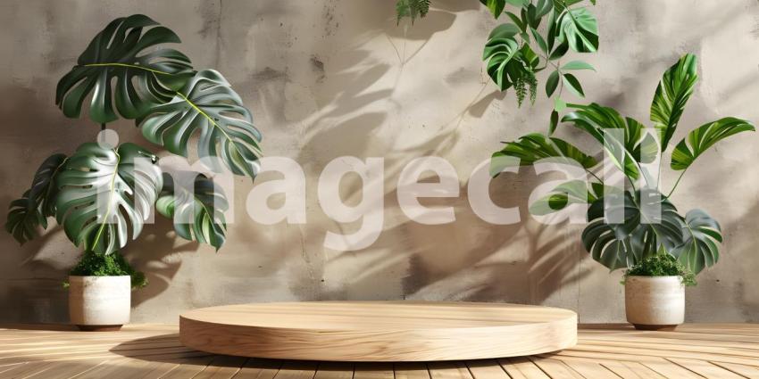3d render of minimal display podium with tropical leaves and plants background - Ai Generated