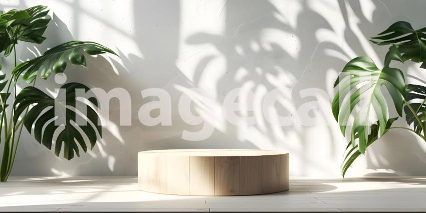 3d render of minimal display podium with tropical leaves and plants background - Ai Generated