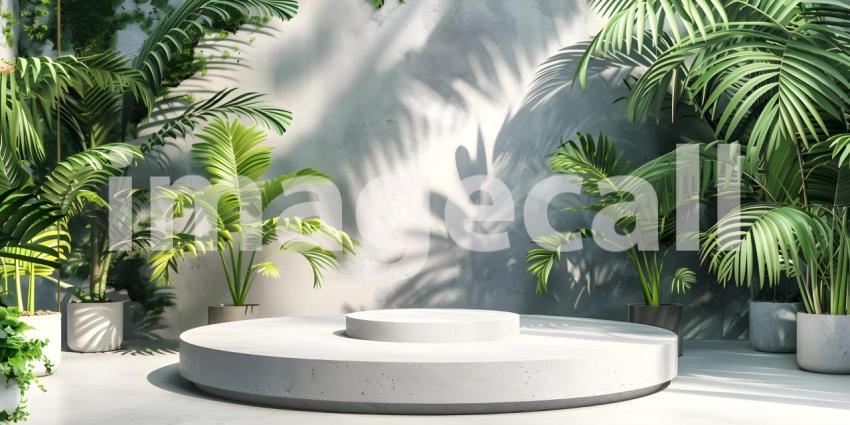 3d render of minimal display podium with tropical leaves and plants background - Ai Generated