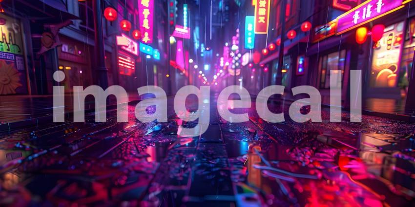 Night city street with neon lights reflected in the puddle - Ai Generated