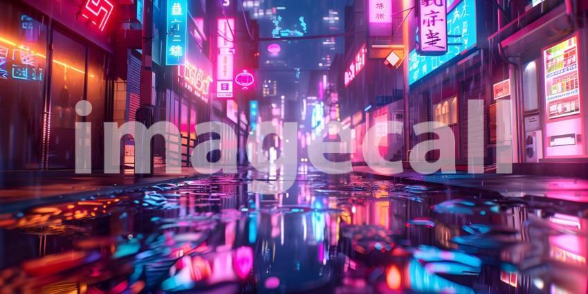 Night city street with neon lights reflected in the puddle - Ai Generated