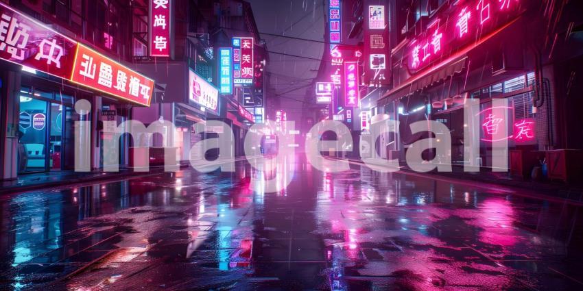 Night city street with neon lights reflected in the puddle - Ai Generated