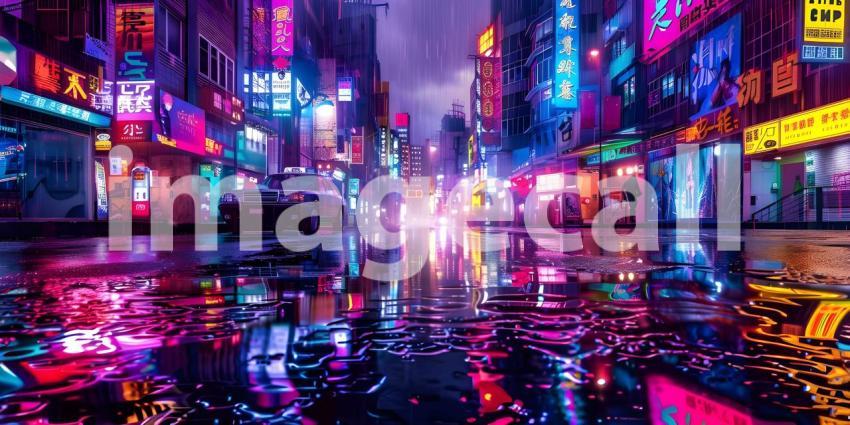 Night city street with neon lights reflected in the puddle - Ai Generated