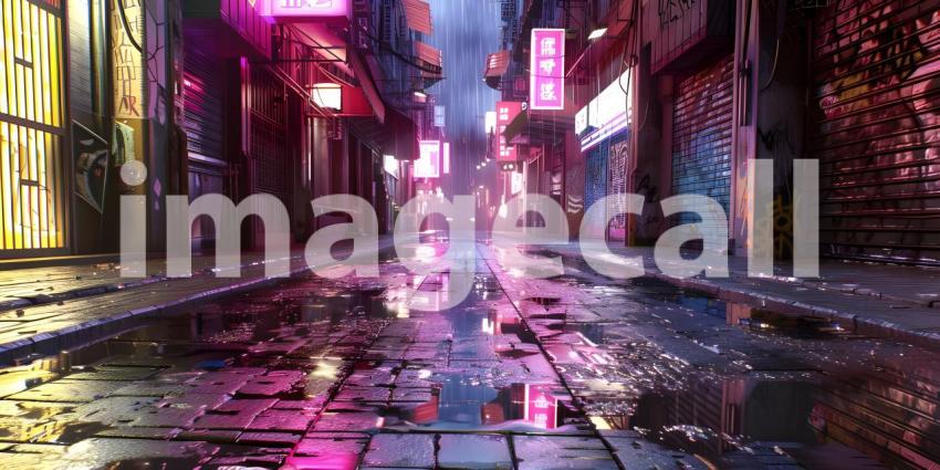 Night city street with neon lights reflected in the puddle - Ai Generated