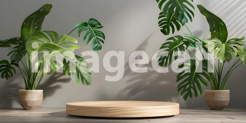3d render of minimal display podium with tropical leaves and plants background - Ai Generated