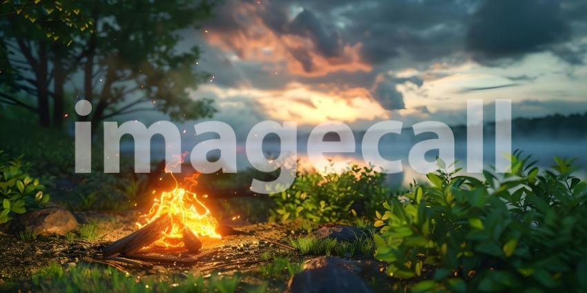 Camping bonfire on the lake shore at sunset - Ai Generated
