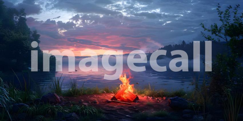 Camping bonfire on the lake shore at sunset - Ai Generated