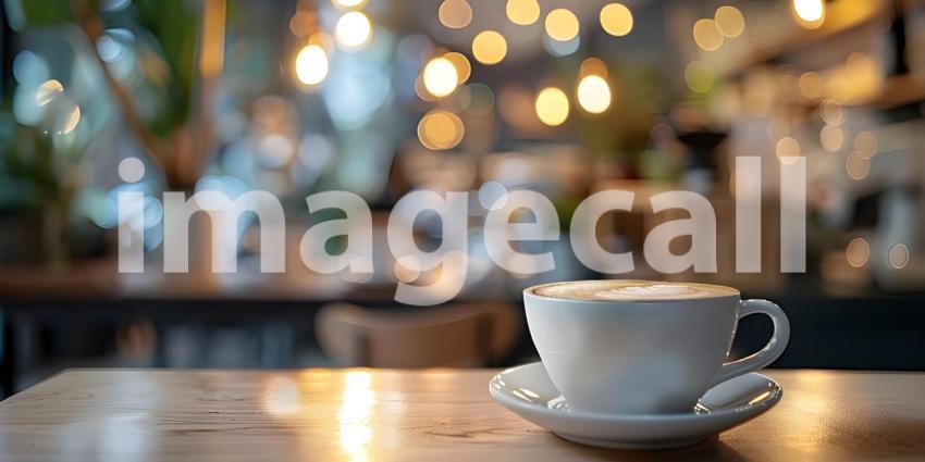 Coffee cup on wooden table in coffee shop with bokeh background - Ai Generated