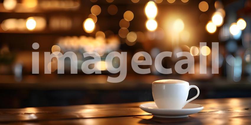Coffee cup on wooden table in coffee shop with bokeh background - Ai Generated