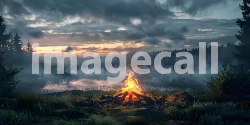Camping bonfire on the lake shore at sunset - Ai Generated