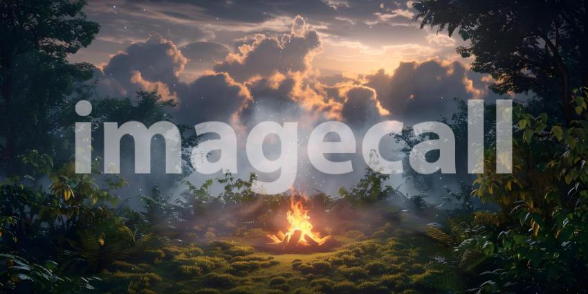 Camping bonfire on the lake shore at sunset - Ai Generated