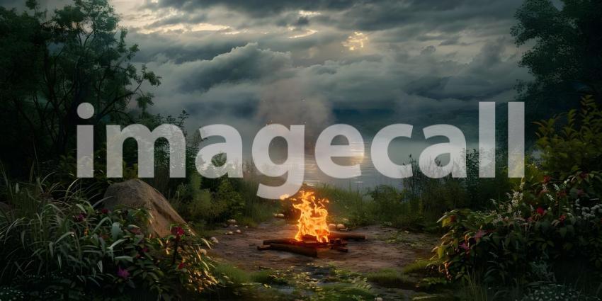Camping bonfire on the lake shore at sunset - Ai Generated
