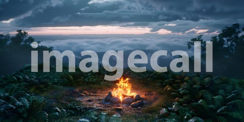 Camping bonfire on the lake shore at sunset - Ai Generated