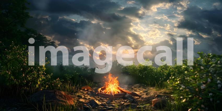Camping bonfire on the lake shore at sunset - Ai Generated
