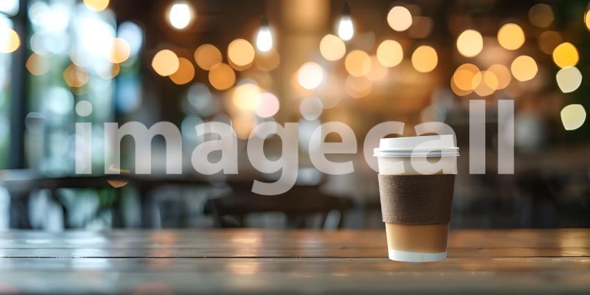 Coffee cup on wooden table in coffee shop with bokeh background - Ai Generated
