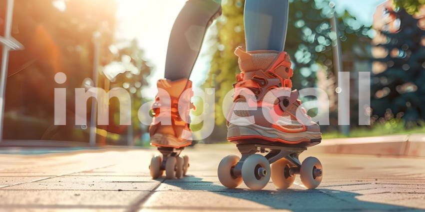 Close up of the legs of a girl on roller skates on the road at sunset. - Ai Generated