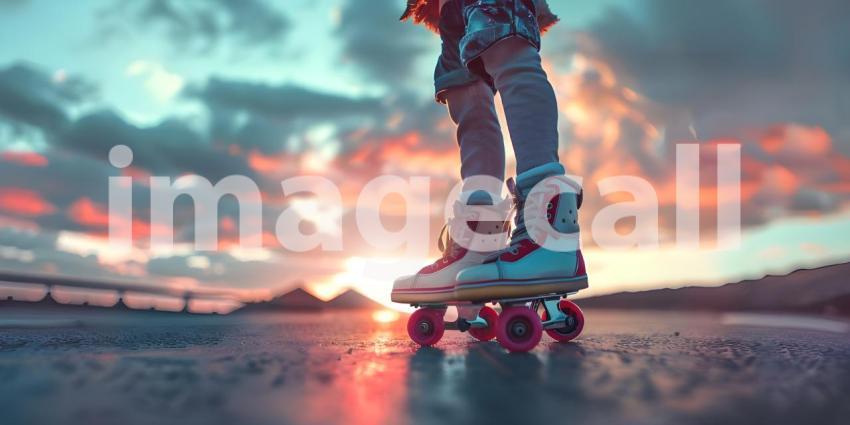 Close up of the legs of a girl on roller skates on the road at sunset. - Ai Generated