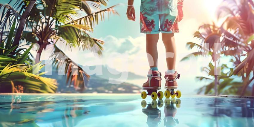 Close up of the legs of a girl on roller skates on the road at sunset. - Ai Generated