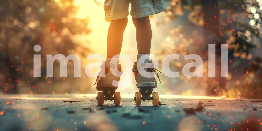 Close up of the legs of a girl on roller skates on the road at sunset. - Ai Generated
