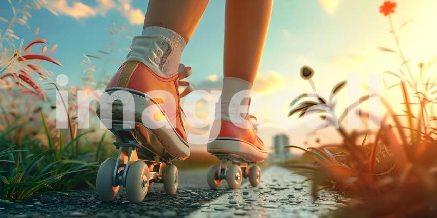 Close up of the legs of a girl on roller skates on the road at sunset. - Ai Generated