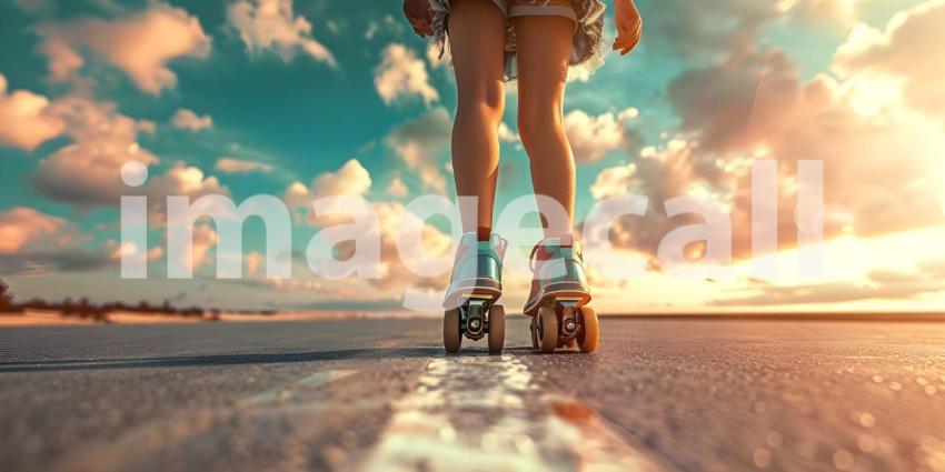 Close up of the legs of a girl on roller skates on the road at sunset. - Ai Generated