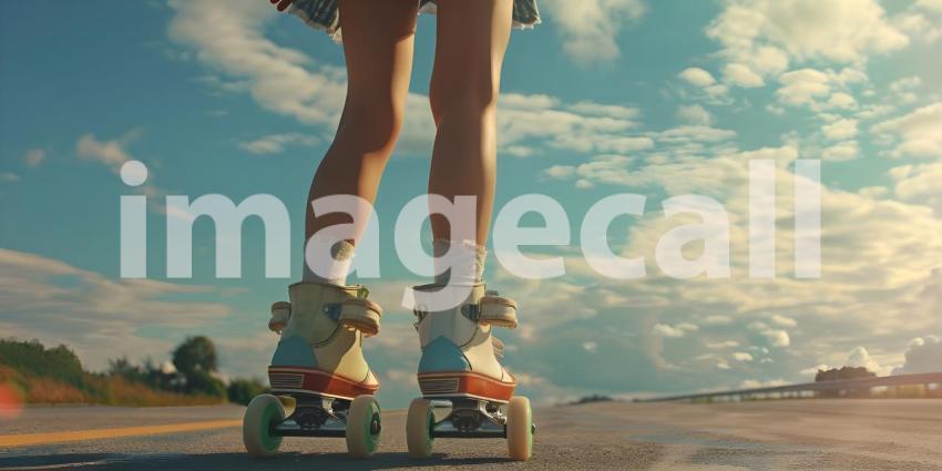 Close up of the legs of a girl on roller skates on the road at sunset. - Ai Generated