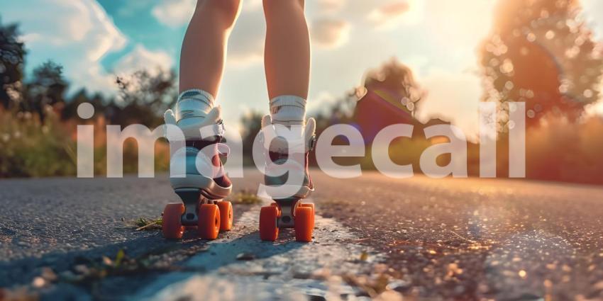 Close up of the legs of a girl on roller skates on the road at sunset. - Ai Generated