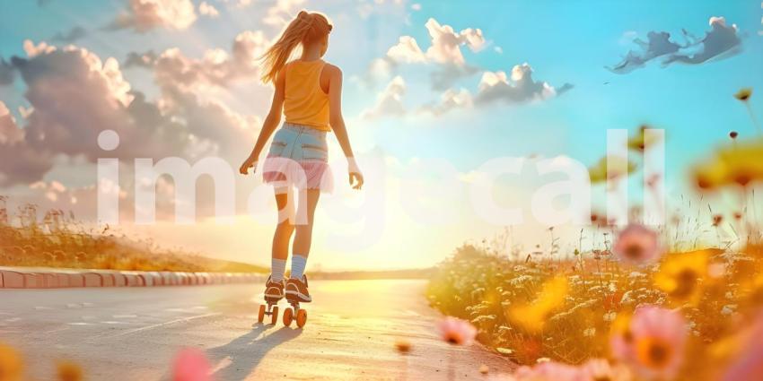 Close up of the legs of a girl on roller skates on the road at sunset. - Ai Generated