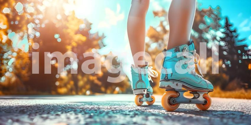 Close up of the legs of a girl on roller skates on the road at sunset. - Ai Generated