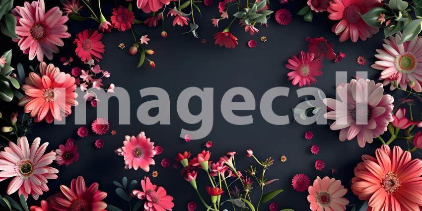 Flowers composition, Frame made of beautiful flowers on black background - Ai Generated