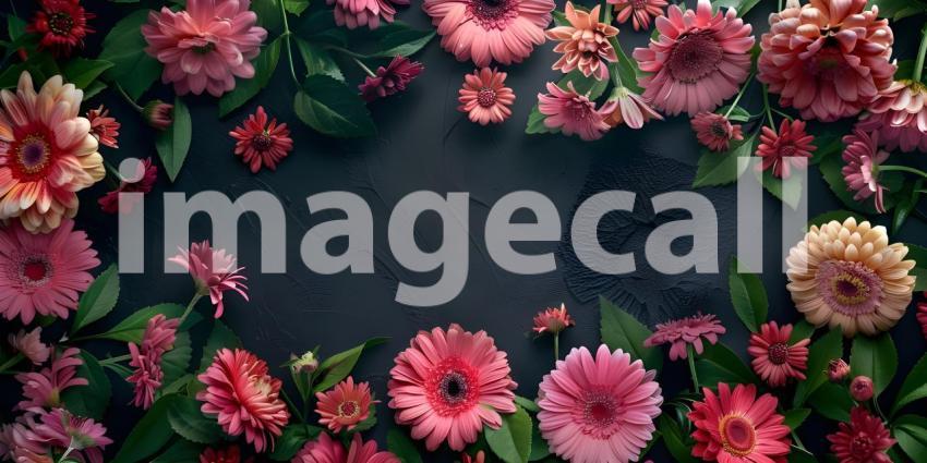 Flowers composition, Frame made of beautiful flowers on black background - Ai Generated