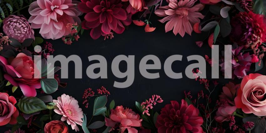 Flowers composition, Frame made of beautiful flowers on black background - Ai Generated