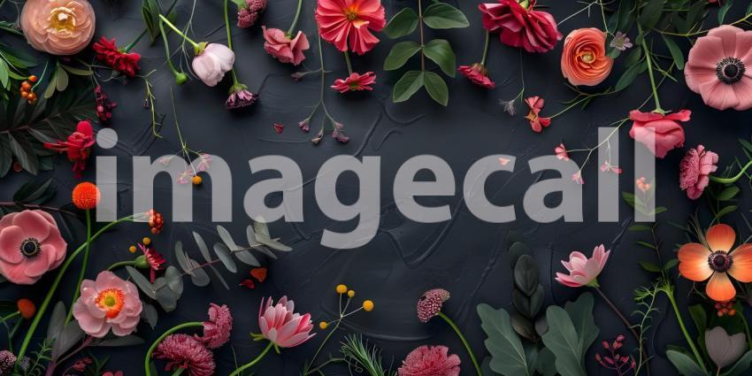 Flowers composition, Frame made of beautiful flowers on black background - Ai Generated