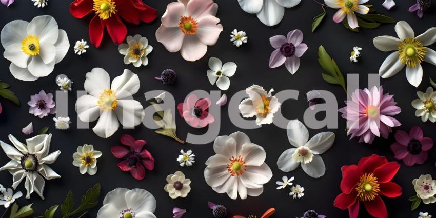 Flowers composition, Frame made of beautiful flowers on black background - Ai Generated