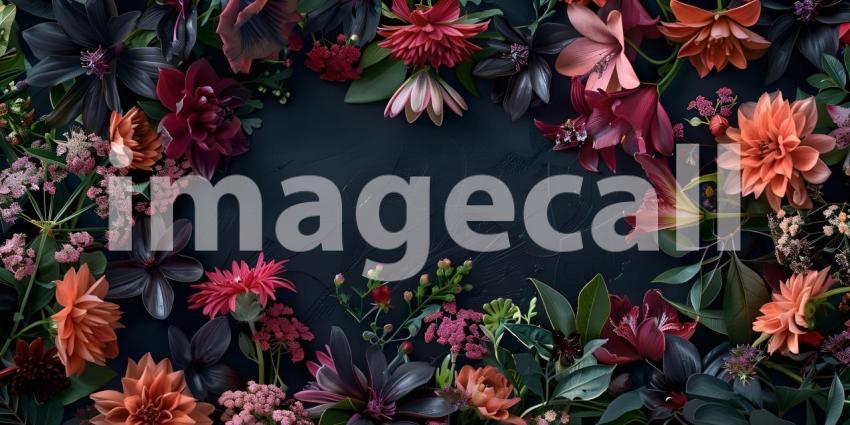 Flowers composition, Frame made of beautiful flowers on black background - Ai Generated