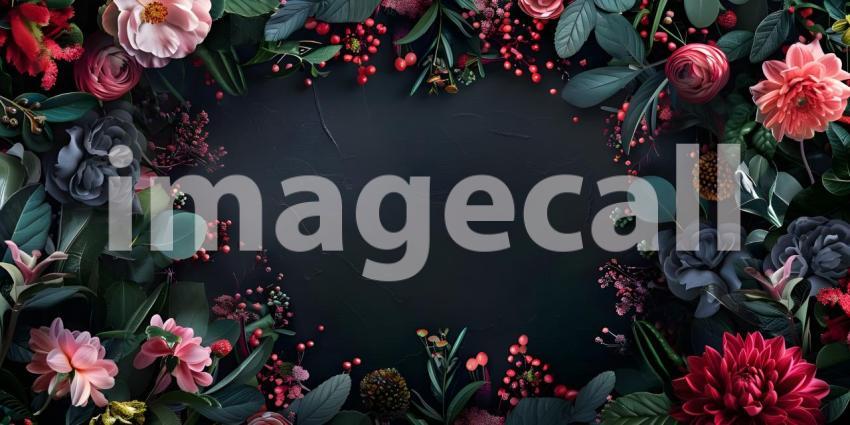 Flowers composition, Frame made of beautiful flowers on black background - Ai Generated