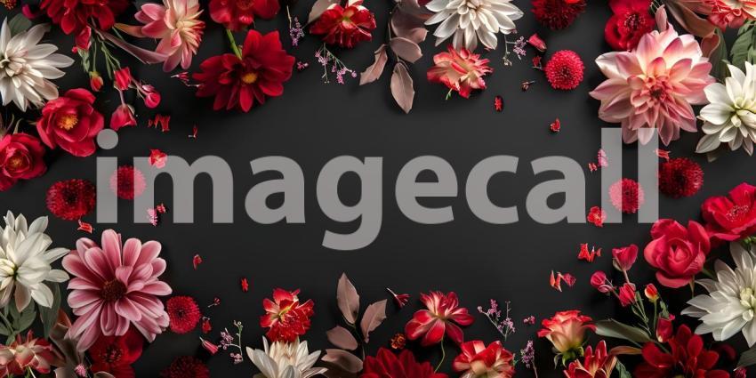 Flowers composition, Frame made of beautiful flowers on black background - Ai Generated